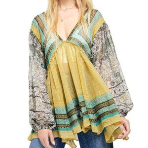 FREE PEOPLE Aliyah Printed Tunic in Gold Blue Tobacco combo size Small